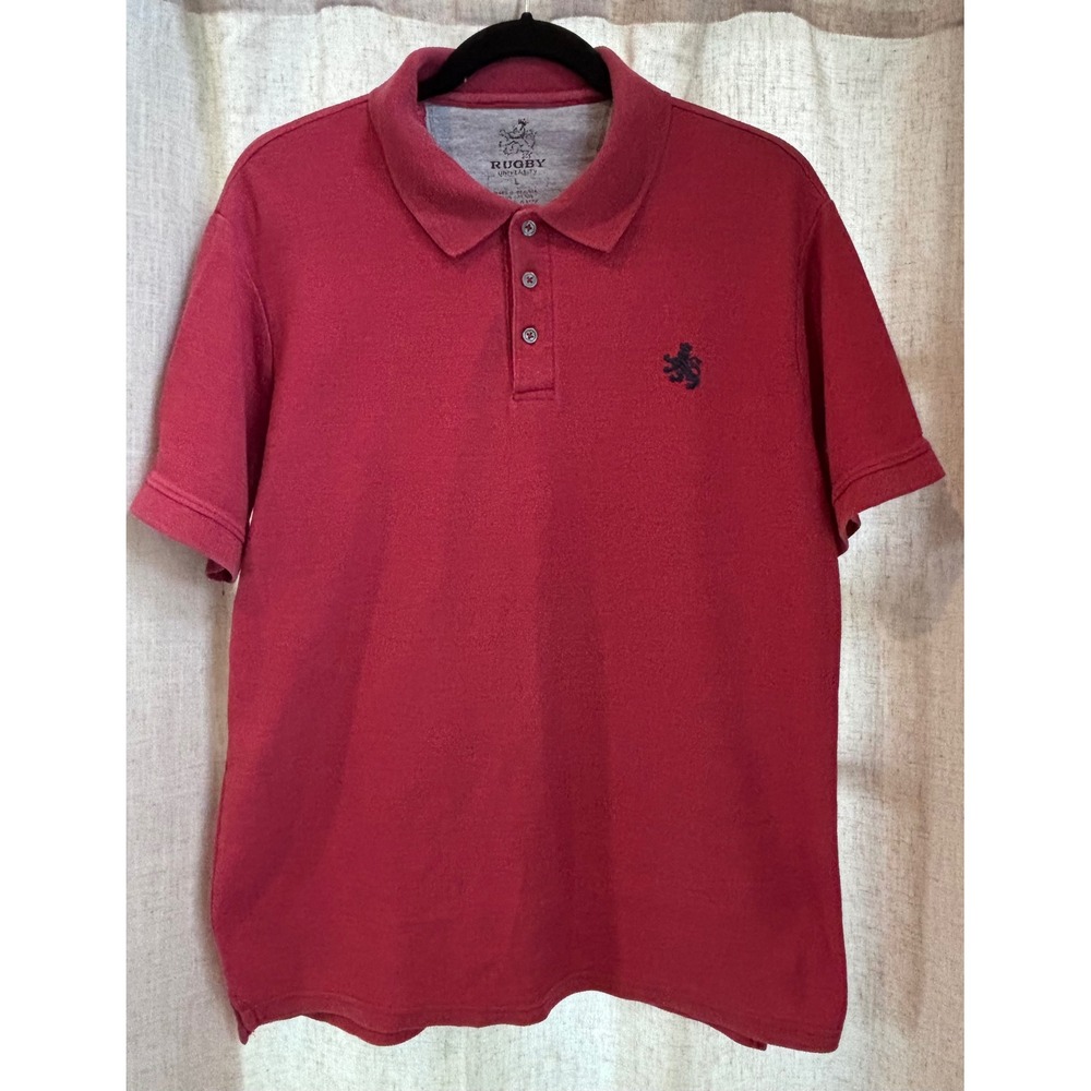 Rugby University Mens Red Short Sleeve Pique‎ Polo Shirt Embroidered Lion Size L